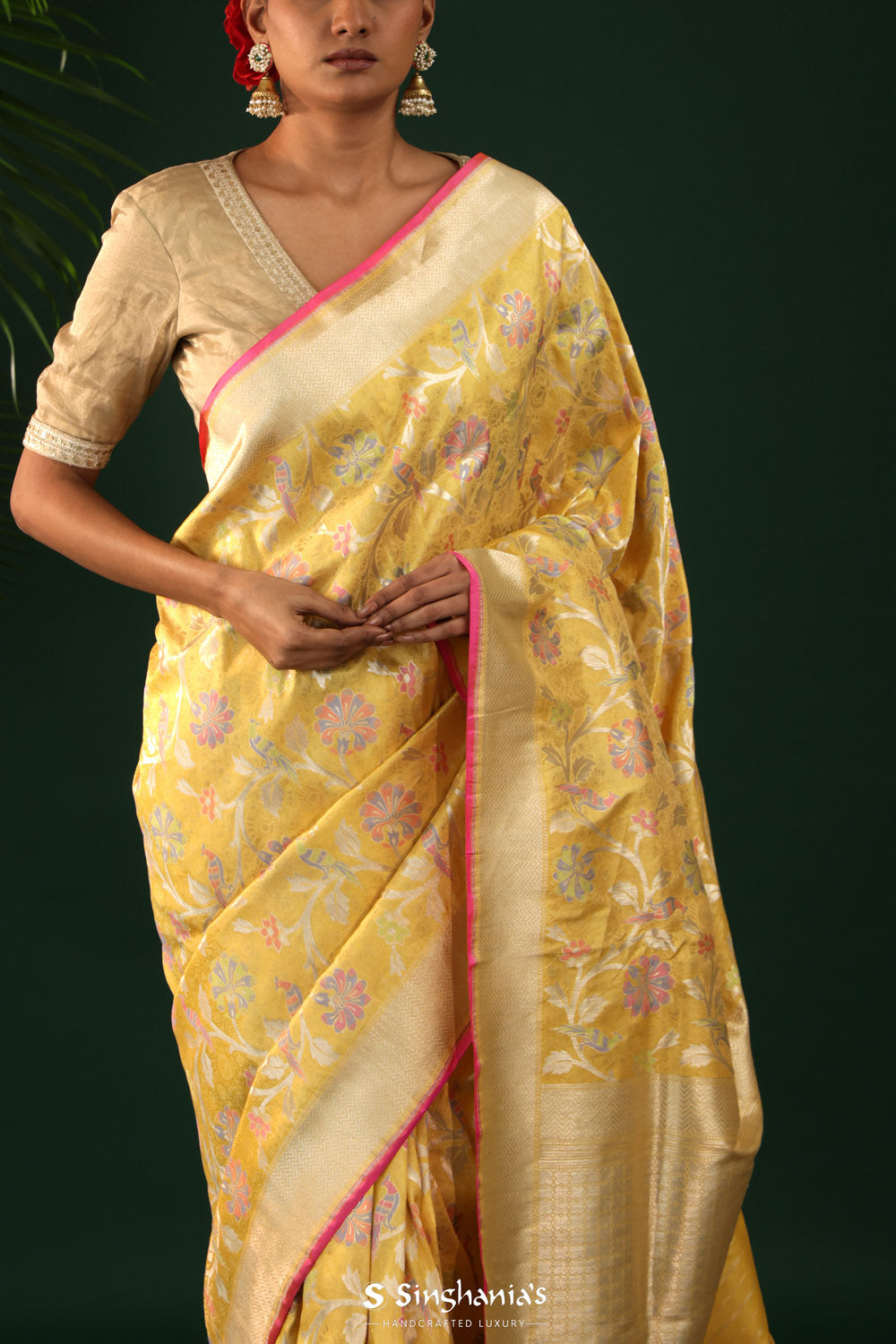 Macaron Yellow Banarasi Silk Saree With Bird Motifs