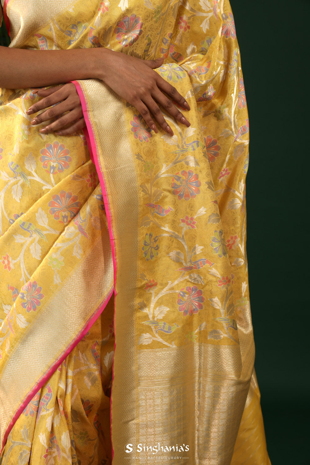 Macaron Yellow Banarasi Silk Saree With Bird Motifs