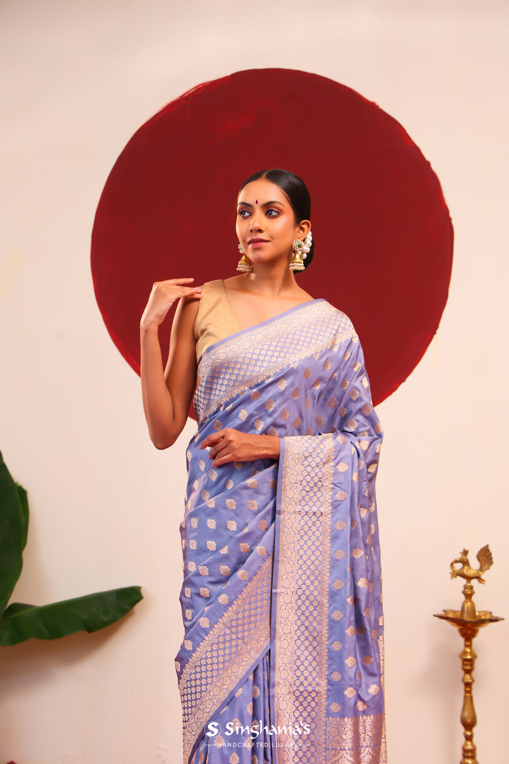 Cool Grey Banarasi Silk Saree With Floral Butti