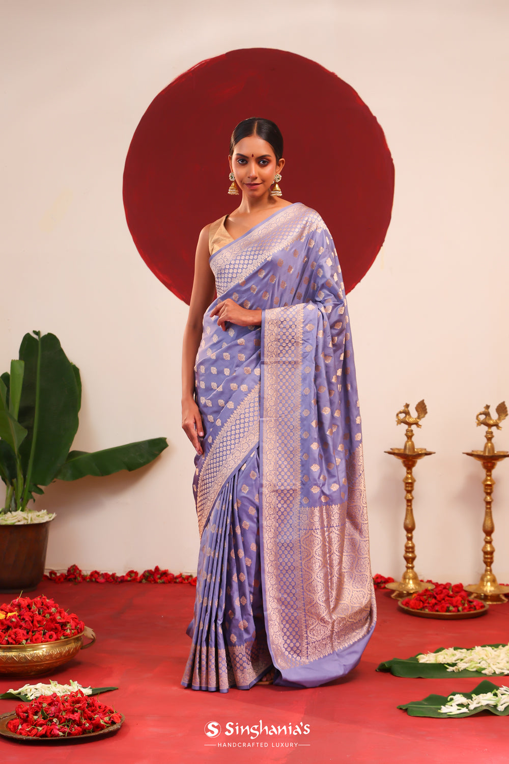 Cool Grey Banarasi Silk Saree With Floral Butti