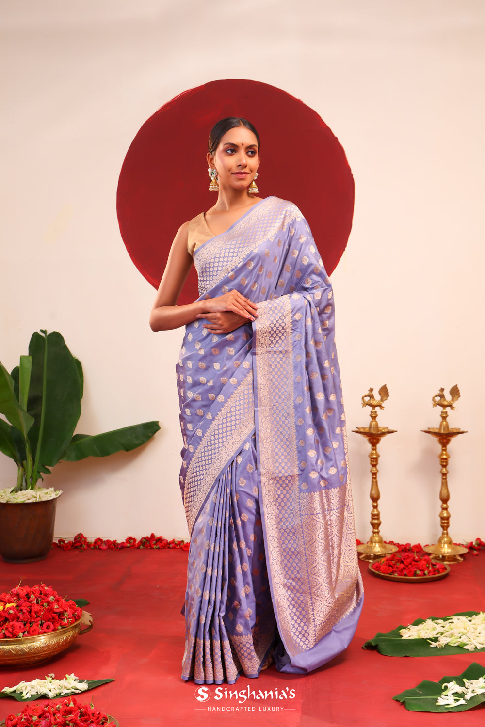 Cool Grey Banarasi Silk Saree With Floral Butti