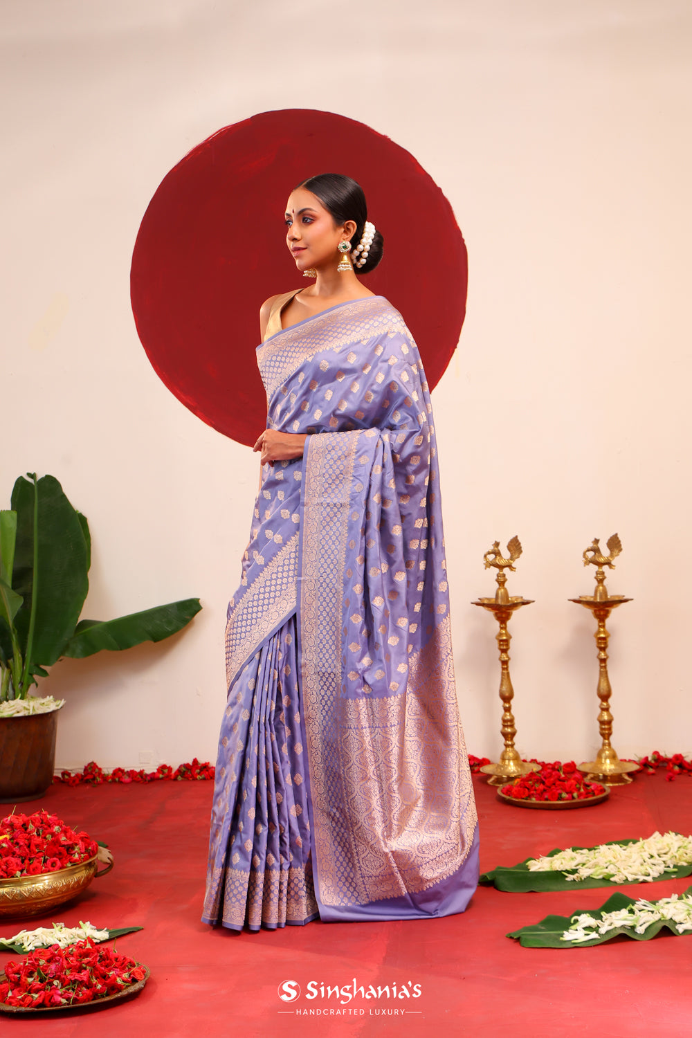 Cool Grey Banarasi Silk Saree With Floral Butti