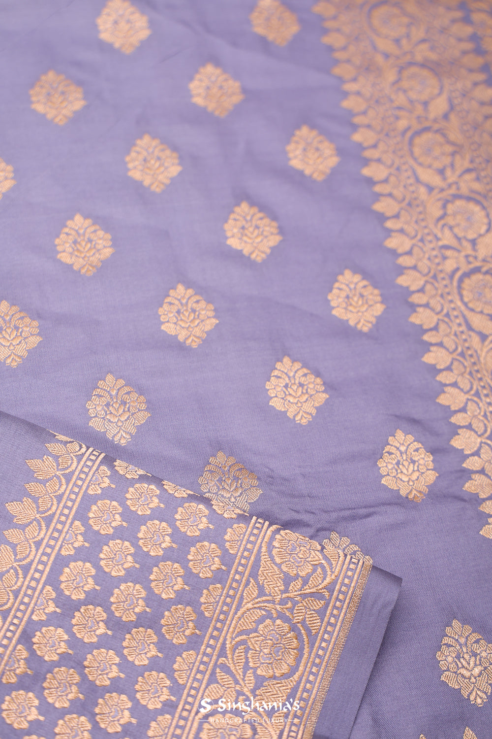 Cool Grey Banarasi Silk Saree With Floral Butti