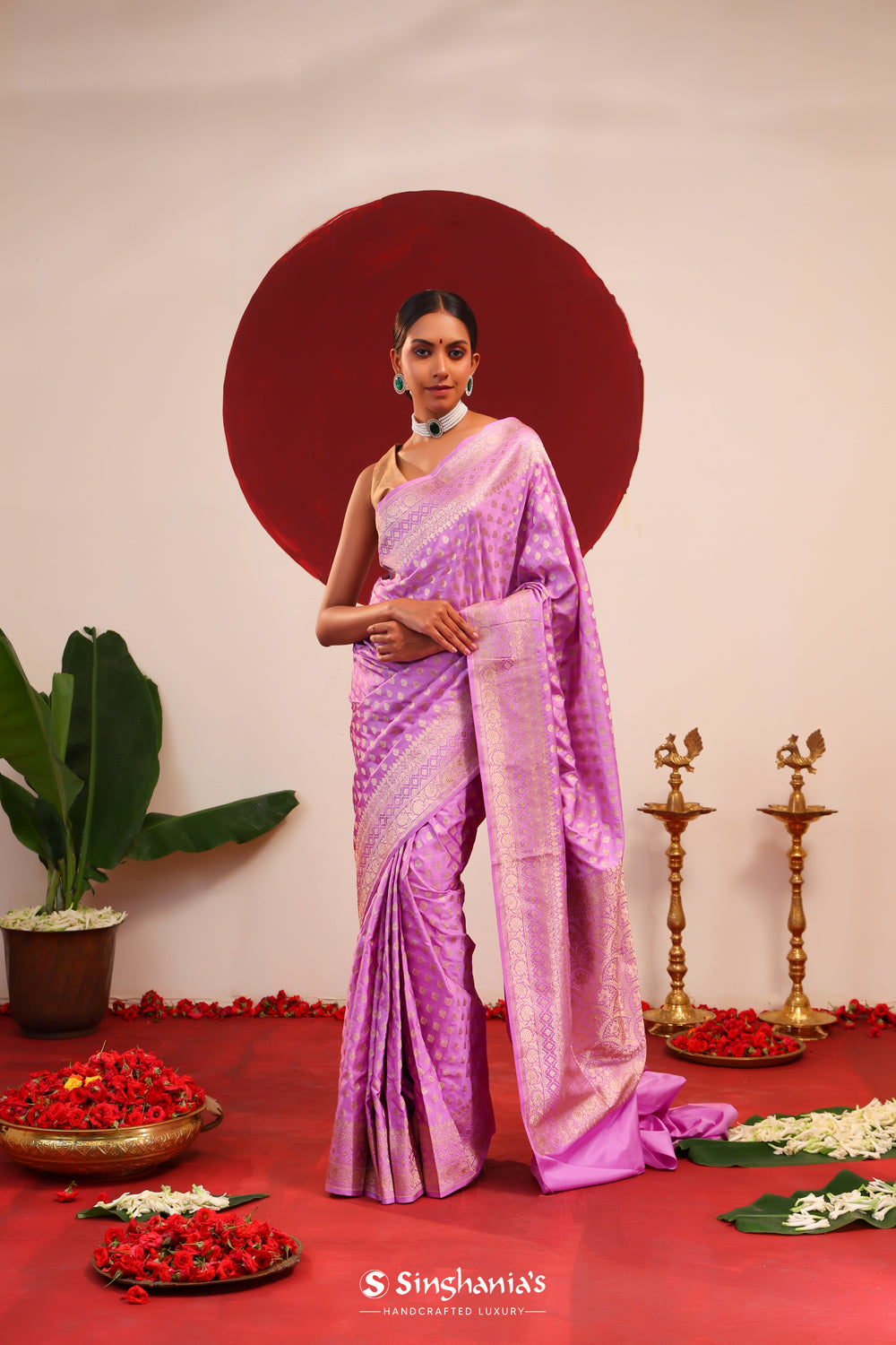 French Mauve Banarasi Silk Saree With Foral Butti