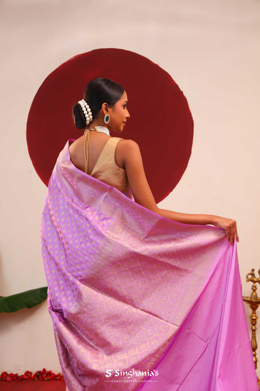 French Mauve Banarasi Silk Saree With Foral Butti