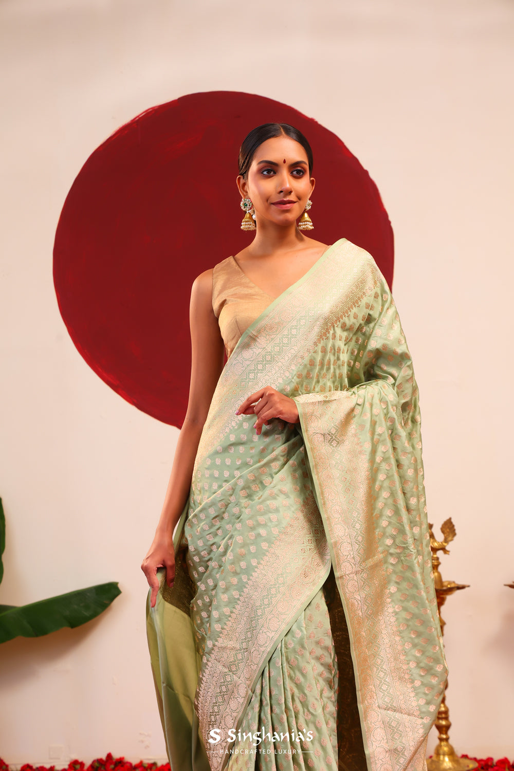 Tea Green Banarasi Silk Saree With Floral Butti