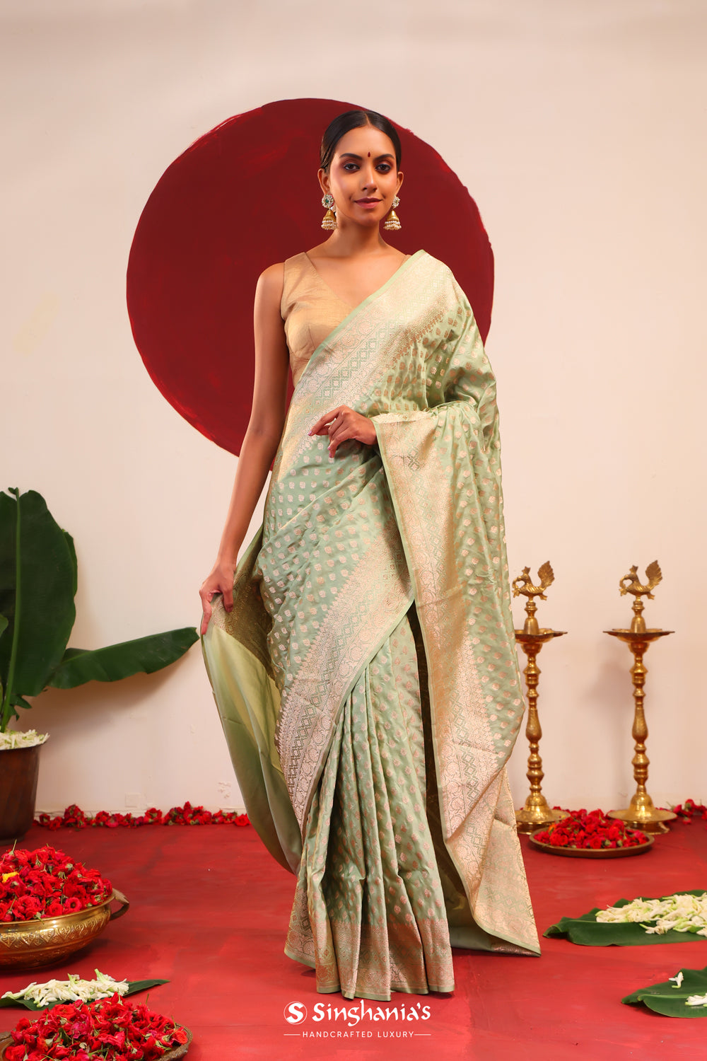 Tea Green Banarasi Silk Saree With Floral Butti