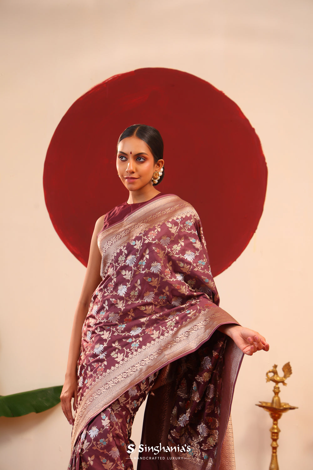 Autumn Purple Banarasi Silk Saree With Meenakari Floral