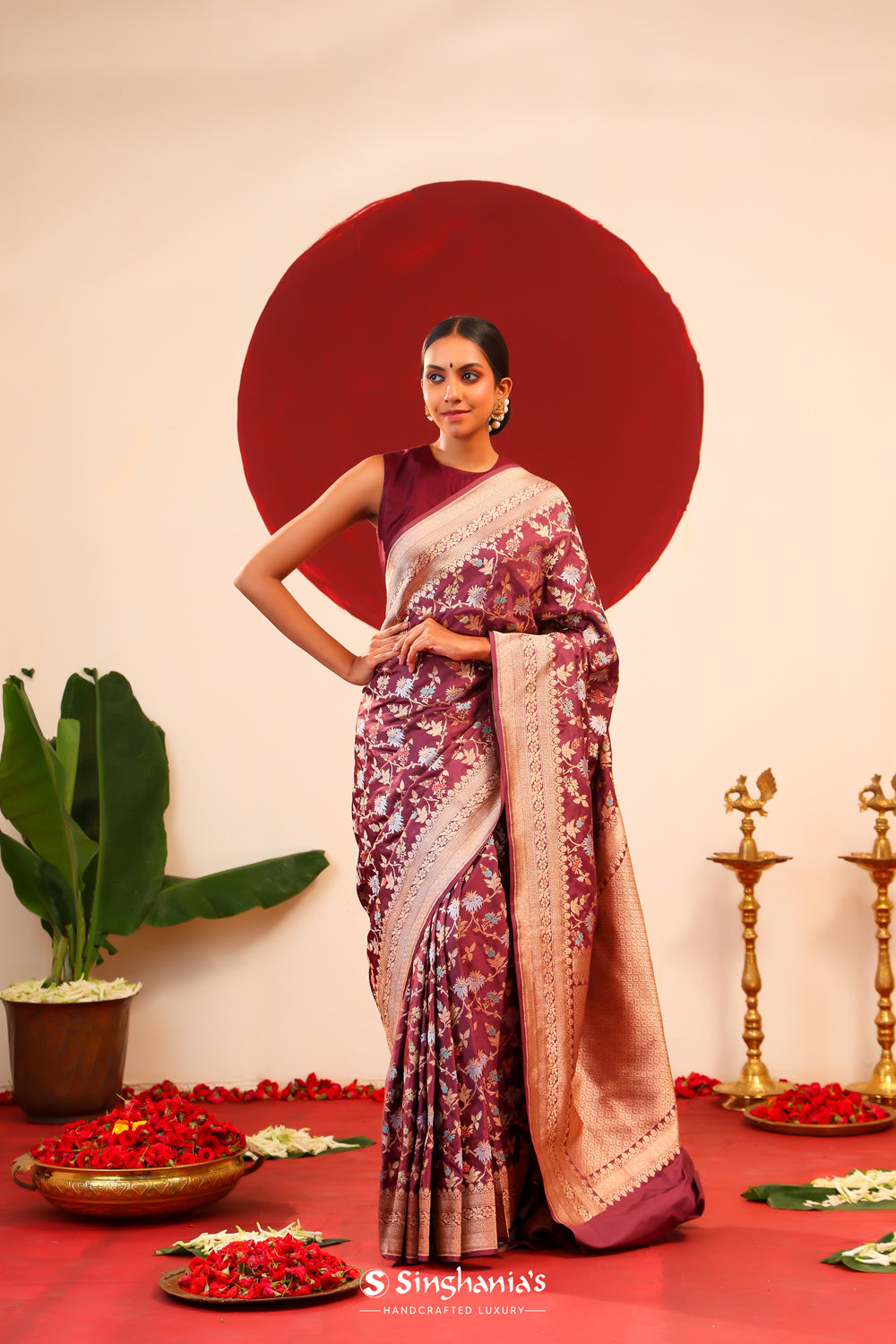 Autumn Purple Banarasi Silk Saree With Meenakari Floral