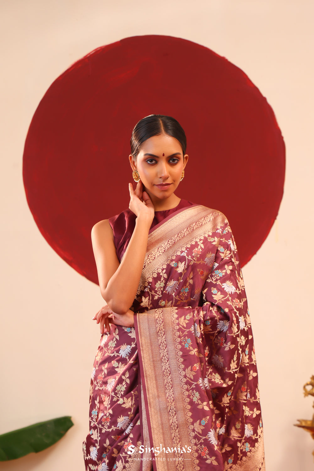 Autumn Purple Banarasi Silk Saree With Meenakari Floral