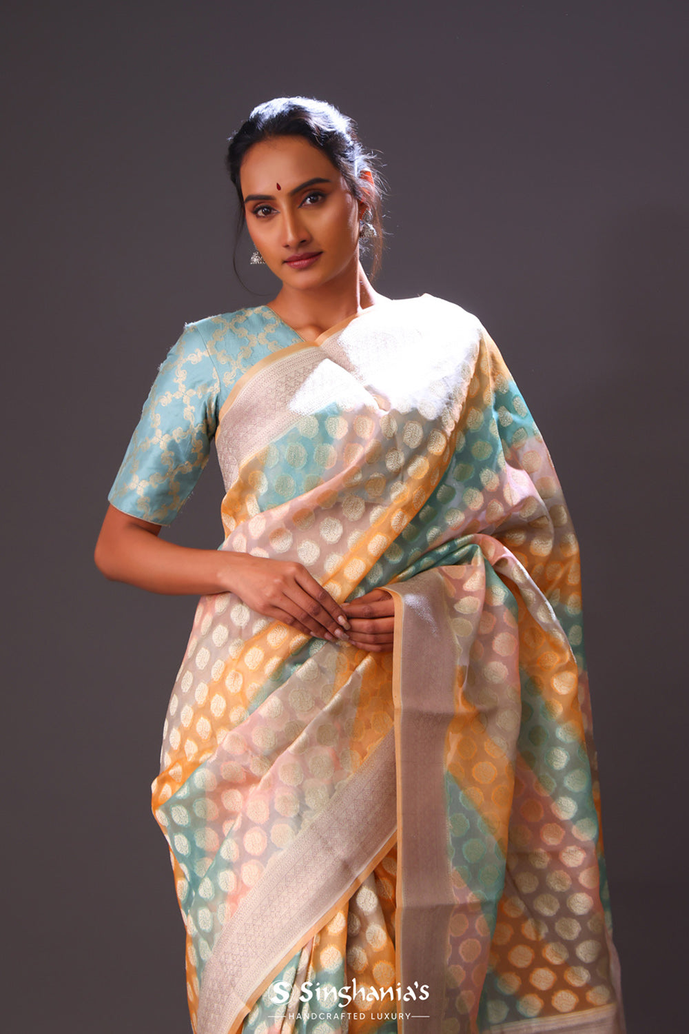 Peach Multicolour Floral Butta Organza Banarasi Saree