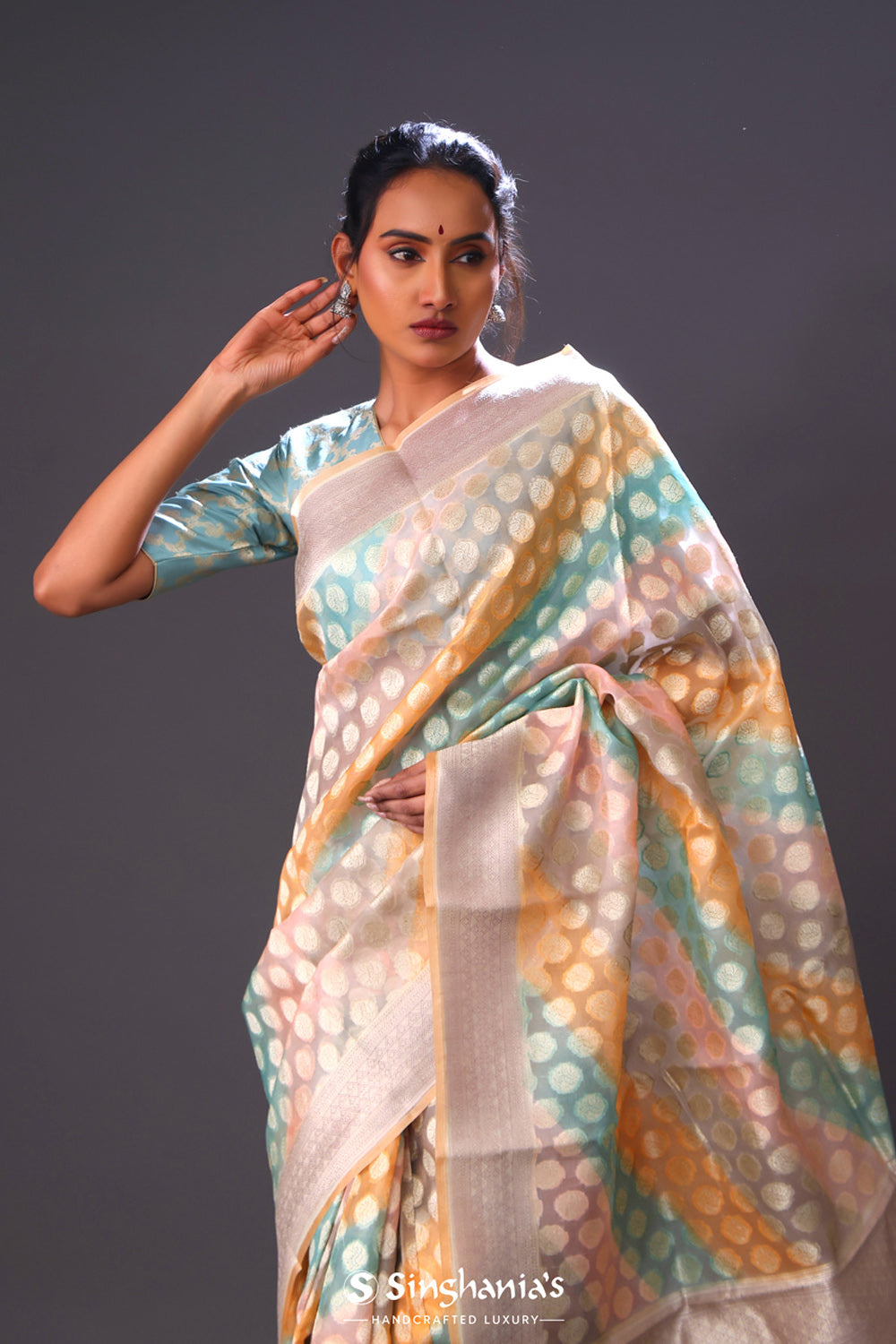 Peach Multicolour Floral Butta Organza Banarasi Saree