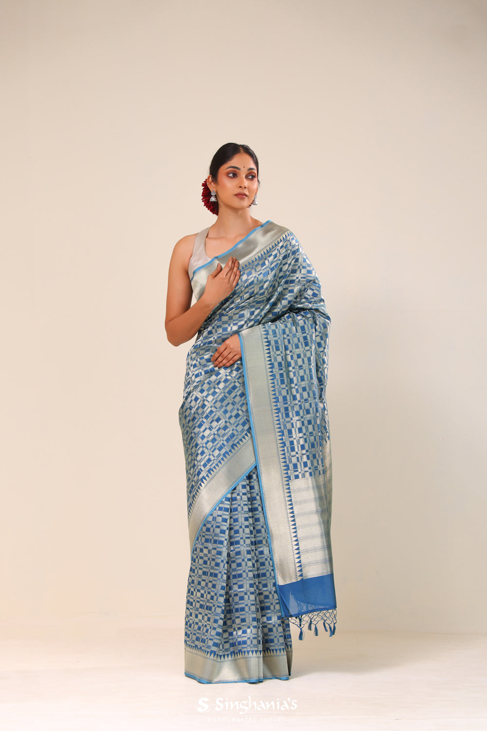 Spanish Blue Chiniya Banarasi Silk Saree