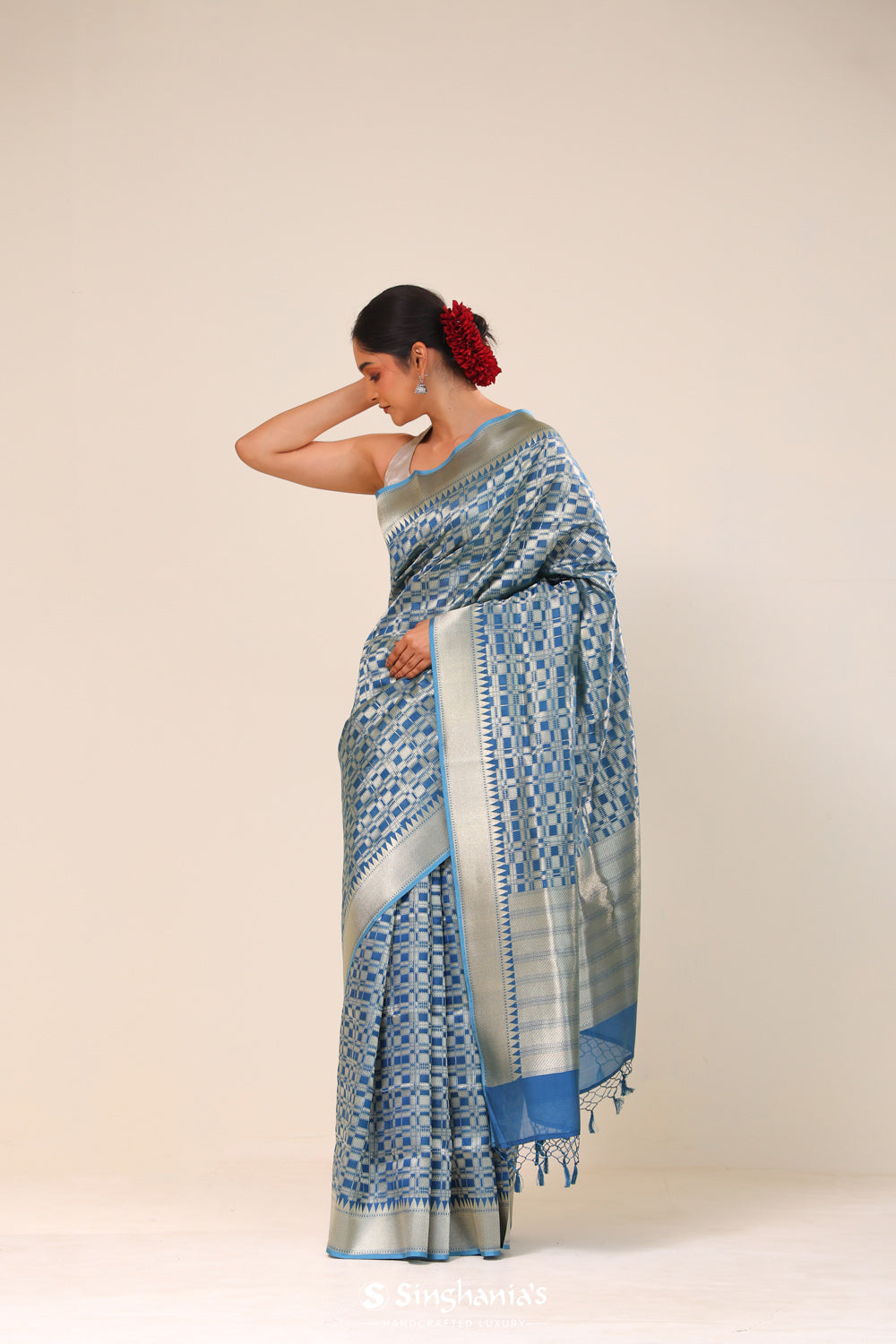 Spanish Blue Chiniya Banarasi Silk Saree