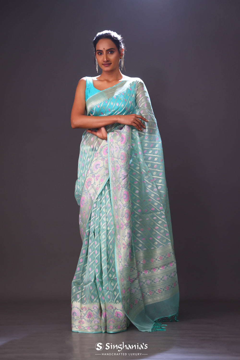 Seafoam Green Organza Jamdani Banarasi Saree