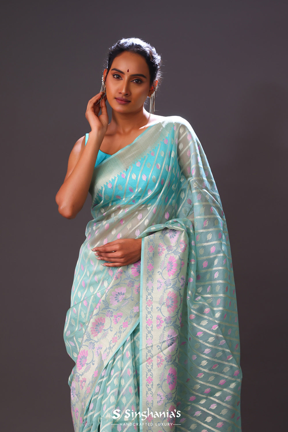 Seafoam Green Organza Jamdani Banarasi Saree