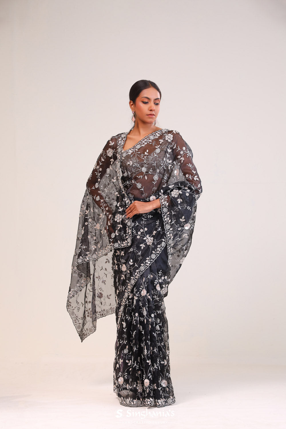 Retro Black Organza Handcrafted Saree