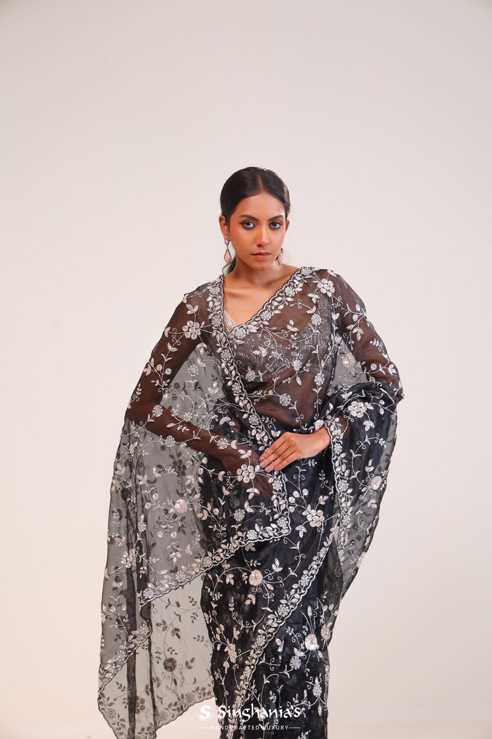 Retro Black Organza Handcrafted Saree