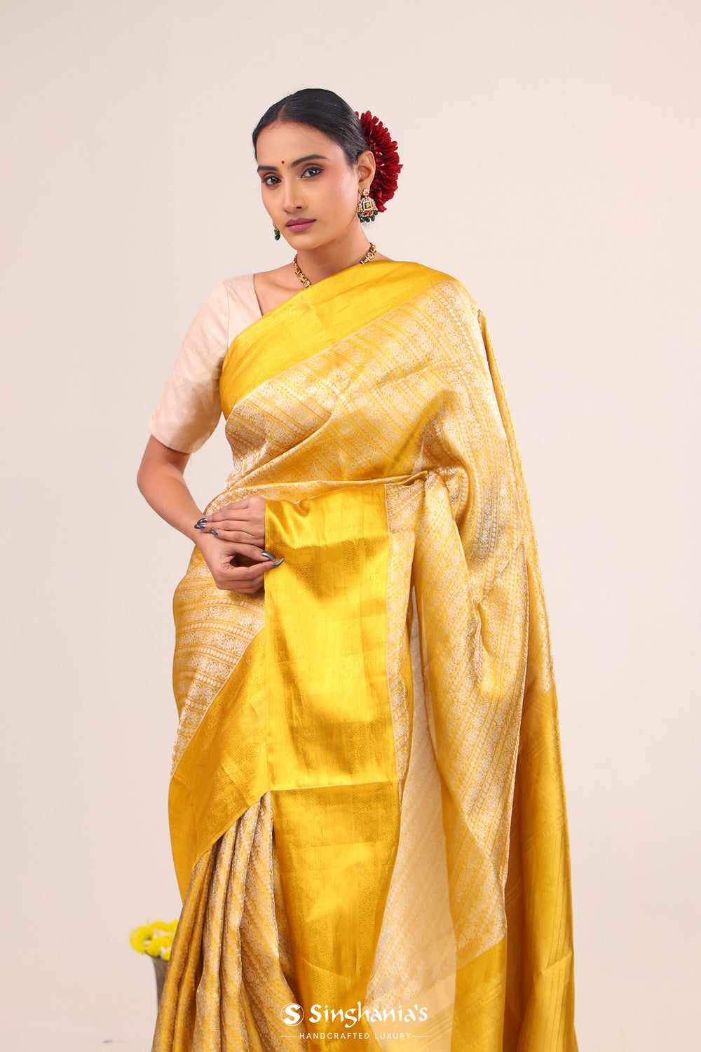 Bright Gold Striped Kanjivaram Silk Saree