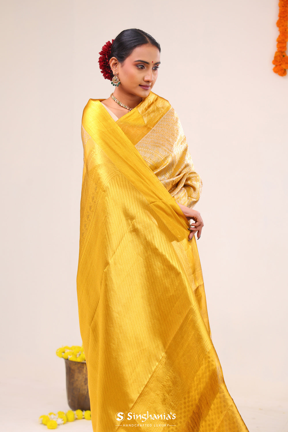 Bright Gold Striped Kanjivaram Silk Saree