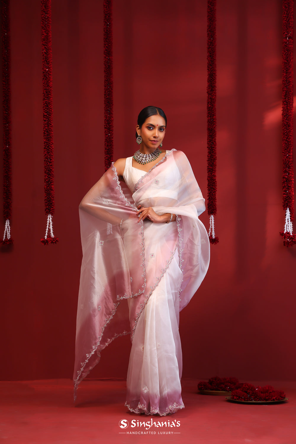 Pastel Purple-White Handcrafted Organza Saree