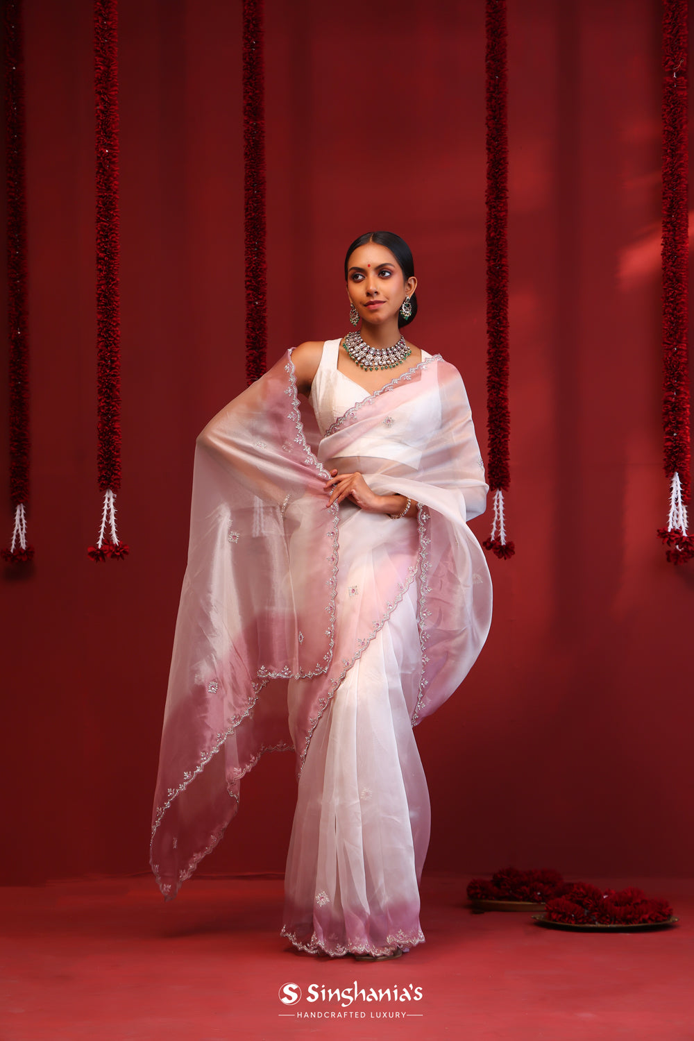 Pastel Purple-White Handcrafted Organza Saree