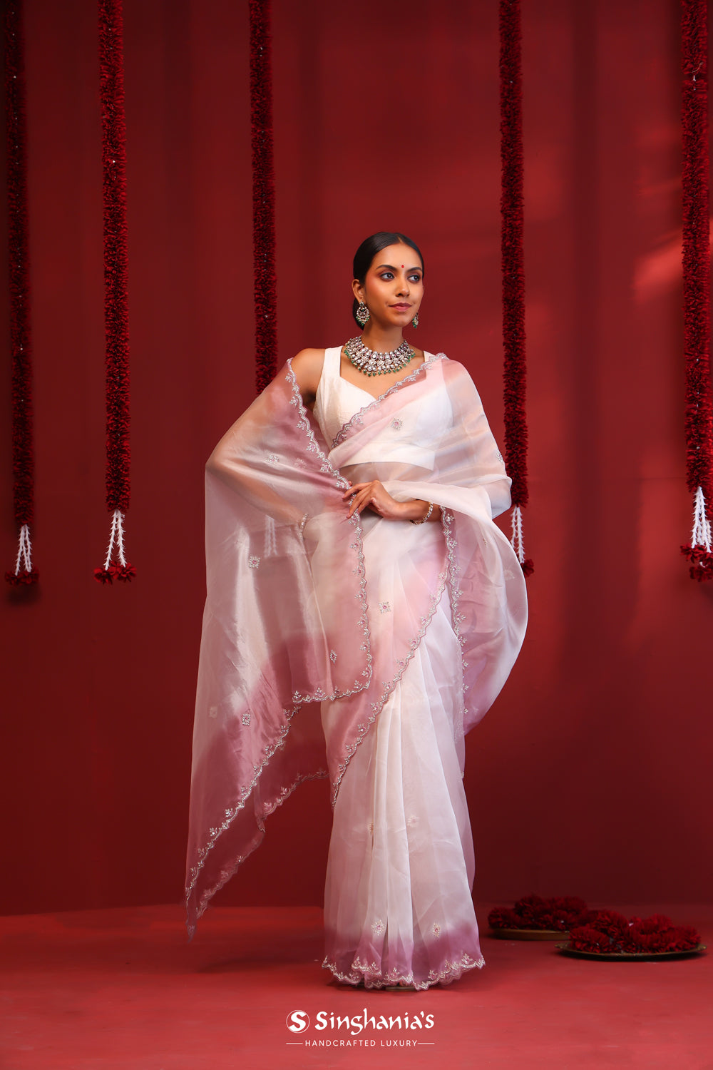 Pastel Purple-White Handcrafted Organza Saree