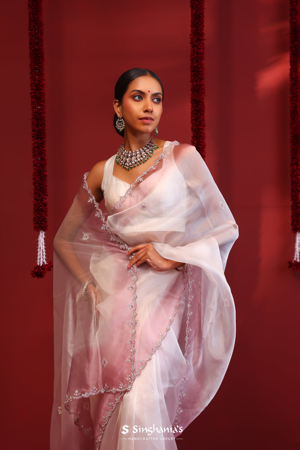 Pastel Purple-White Handcrafted Organza Saree