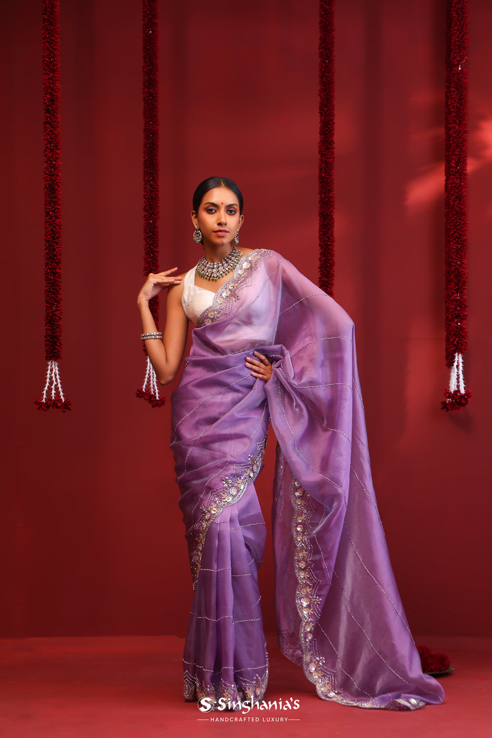 Fuchsia Blue Handcrafted Organza Saree