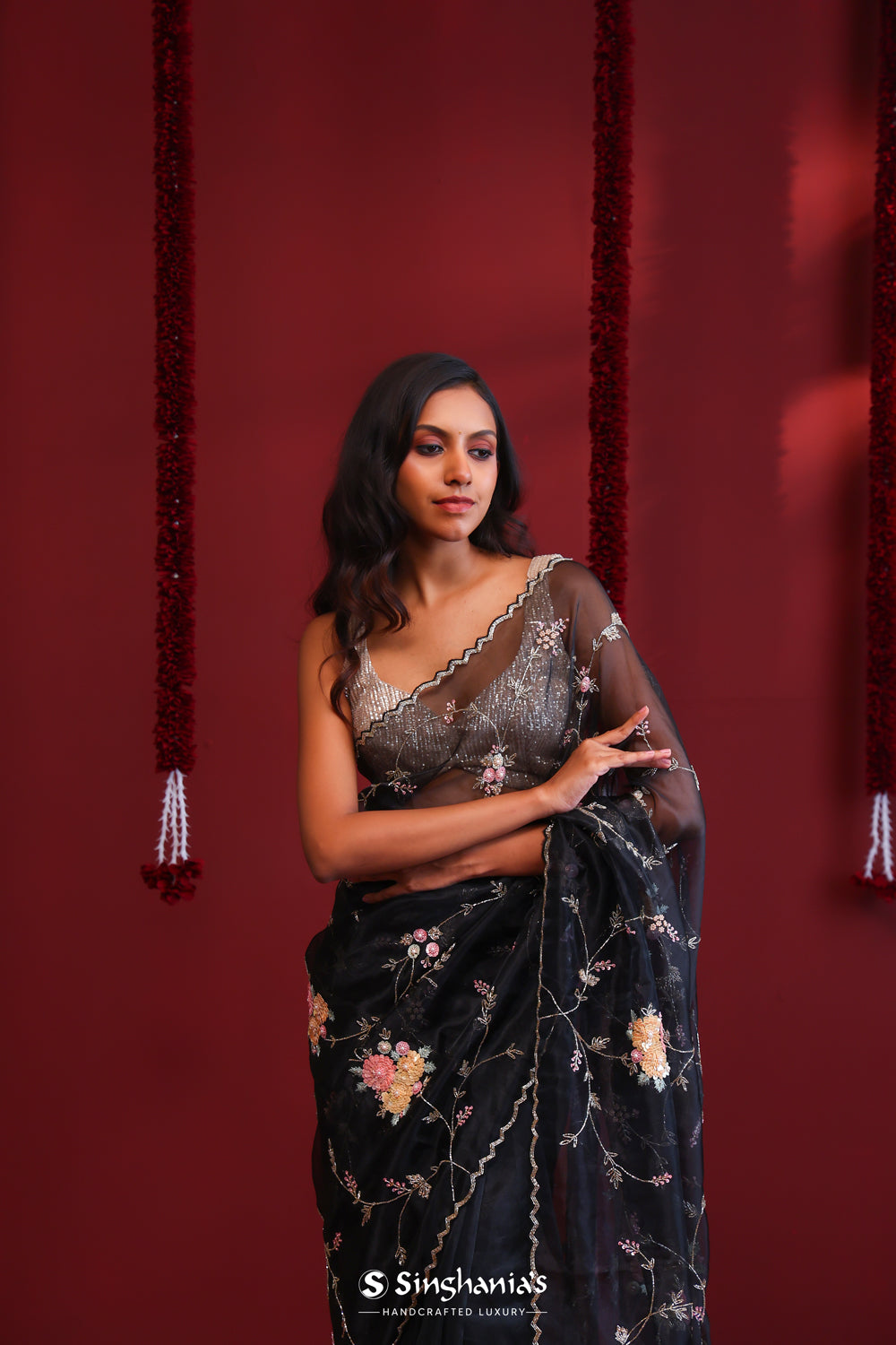 Dark Black Handcrafted Organza Saree