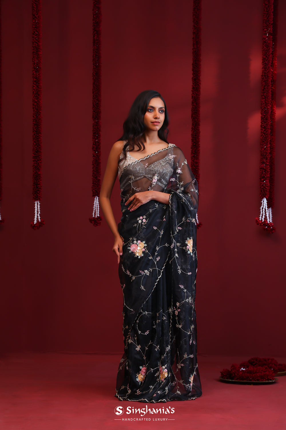 Dark Black Handcrafted Organza Saree