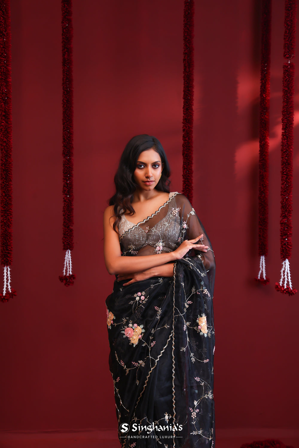 Dark Black Handcrafted Organza Saree