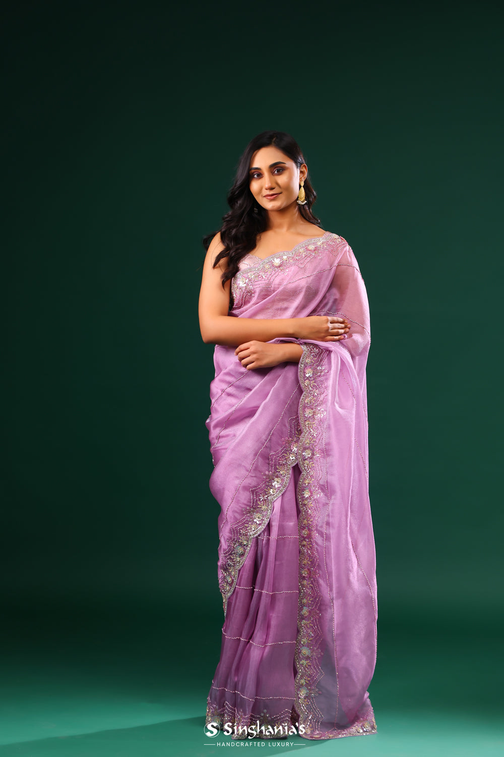 African Violet Designer Organza Saree With Floral Embroidery