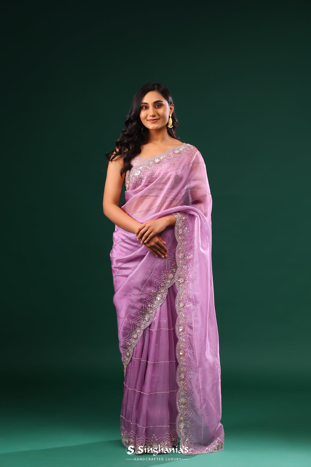 African Violet Designer Organza Saree With Floral Embroidery