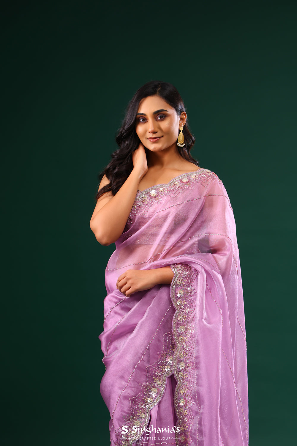 African Violet Designer Organza Saree With Floral Embroidery