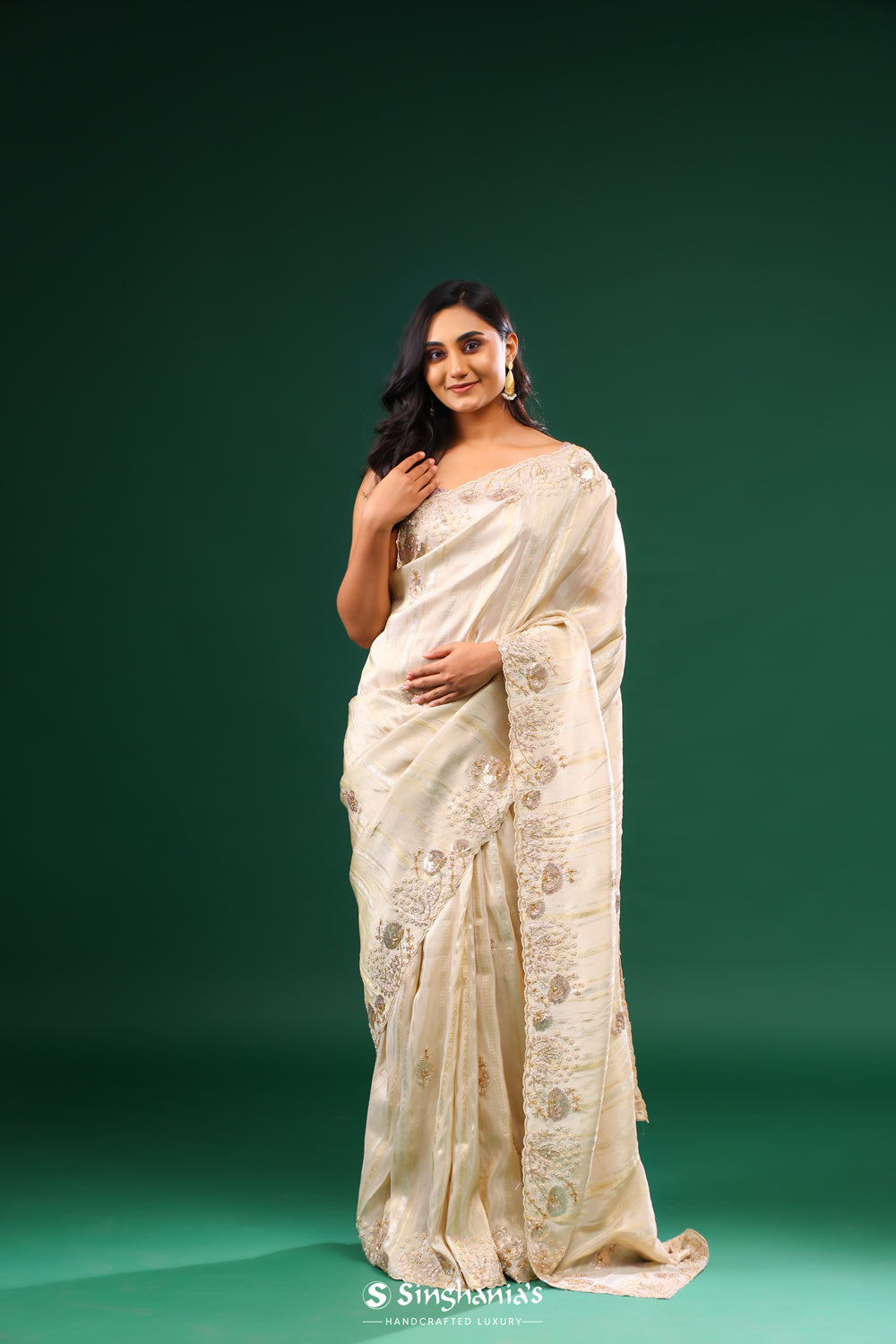 Kasugai Peach Tissue Saree With Zari Weave & Embroidery