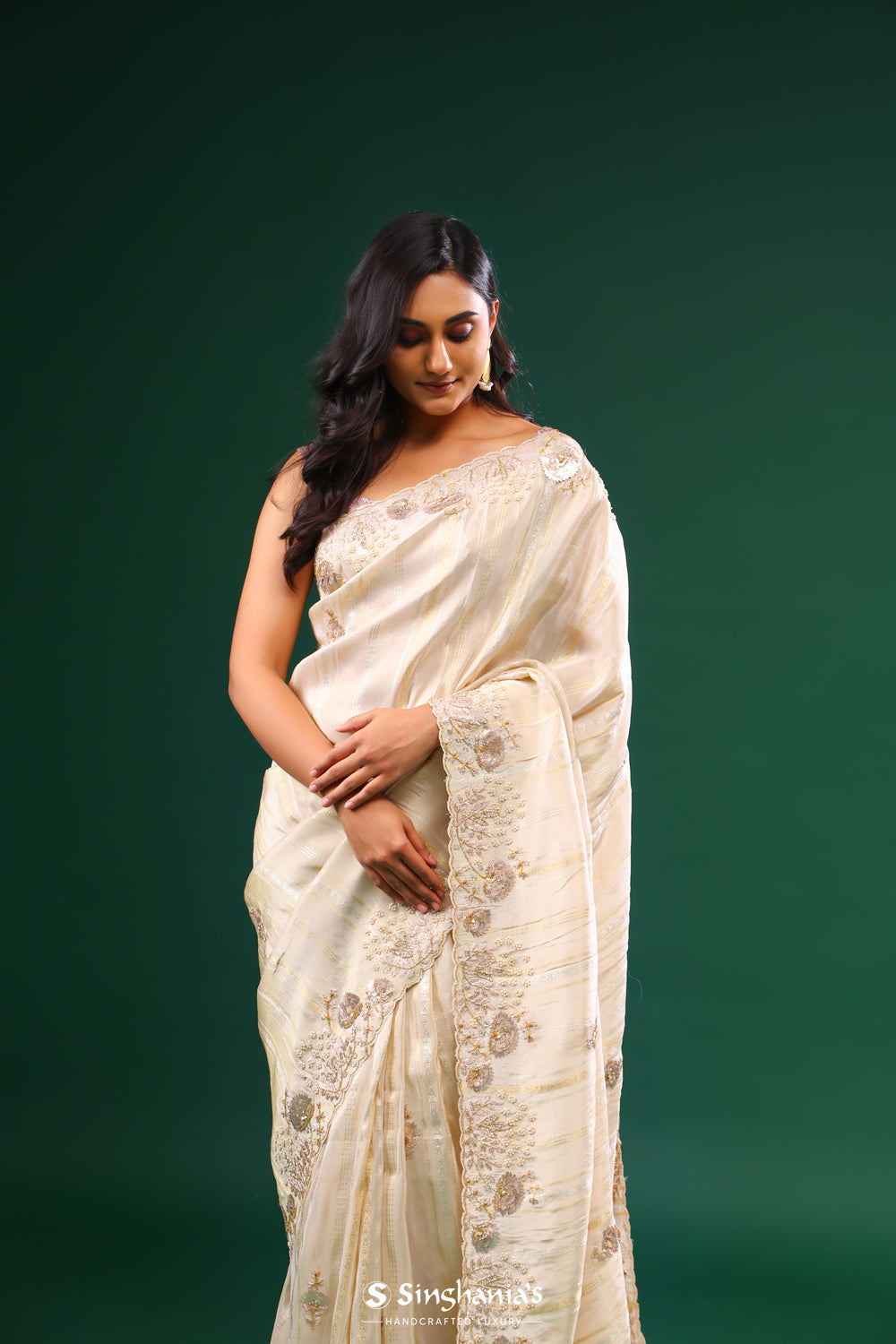 Kasugai Peach Tissue Saree With Zari Weave & Embroidery