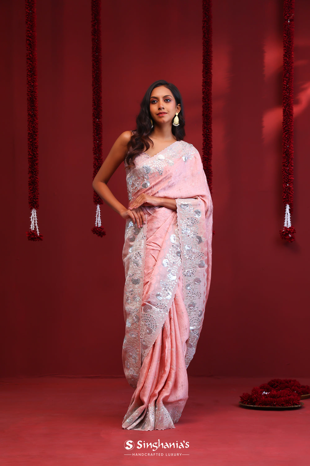 Pastel Pink Silk Designer Saree With Floral Embroidery