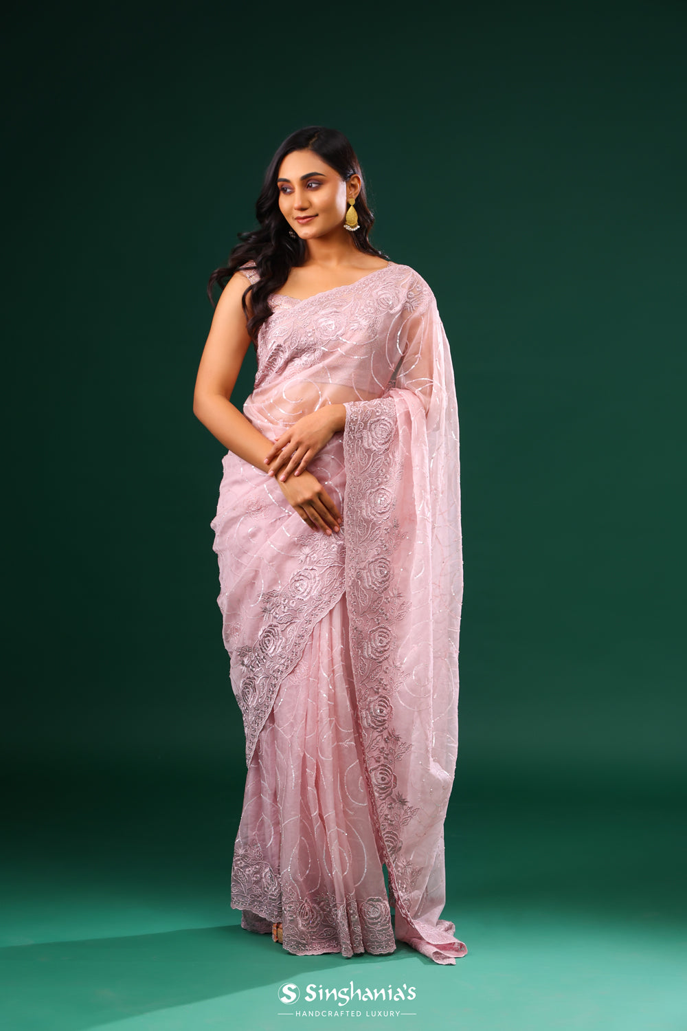 Pale Pink Organza Saree With Floral Embroidery