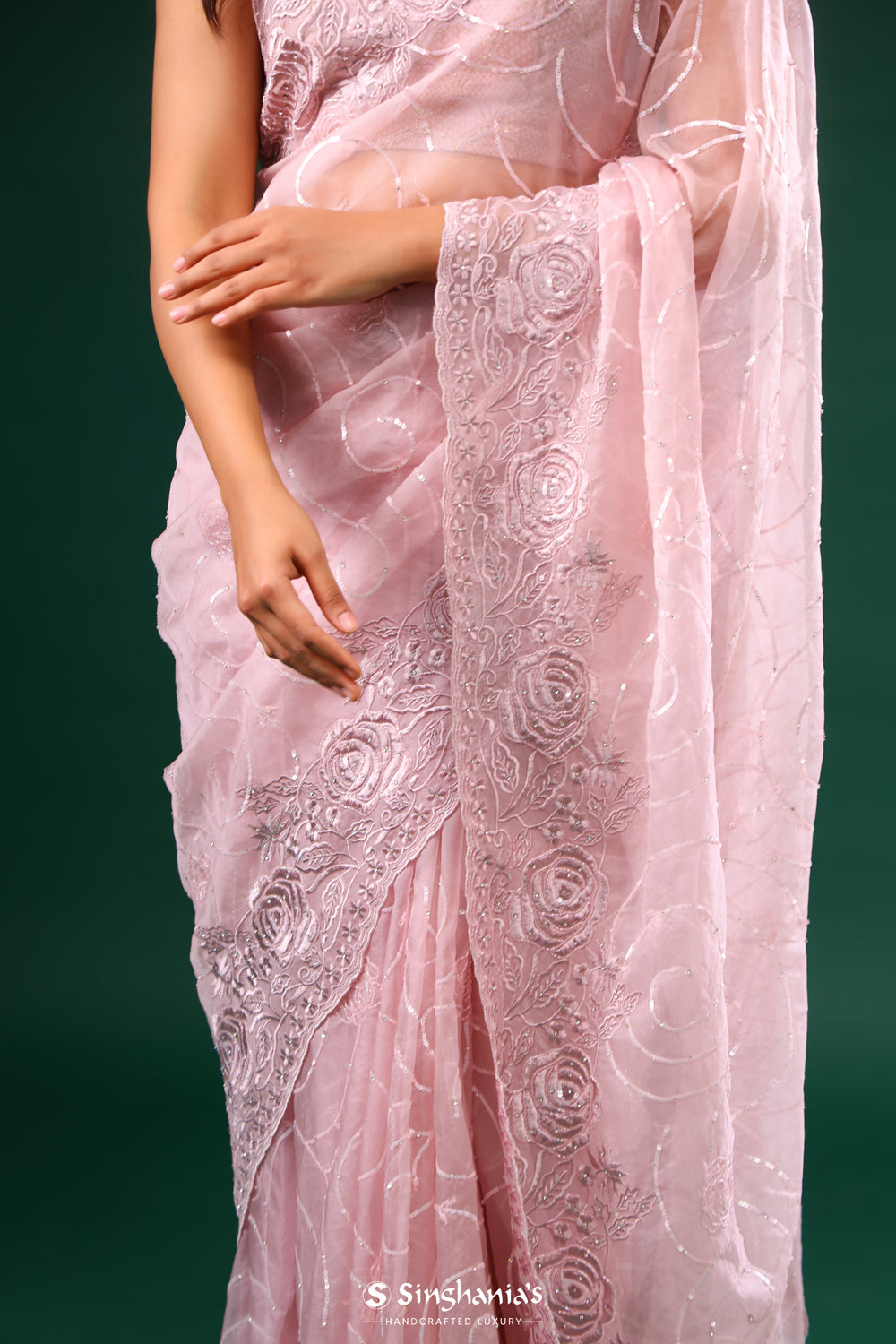 Pale Pink Organza Saree With Floral Embroidery