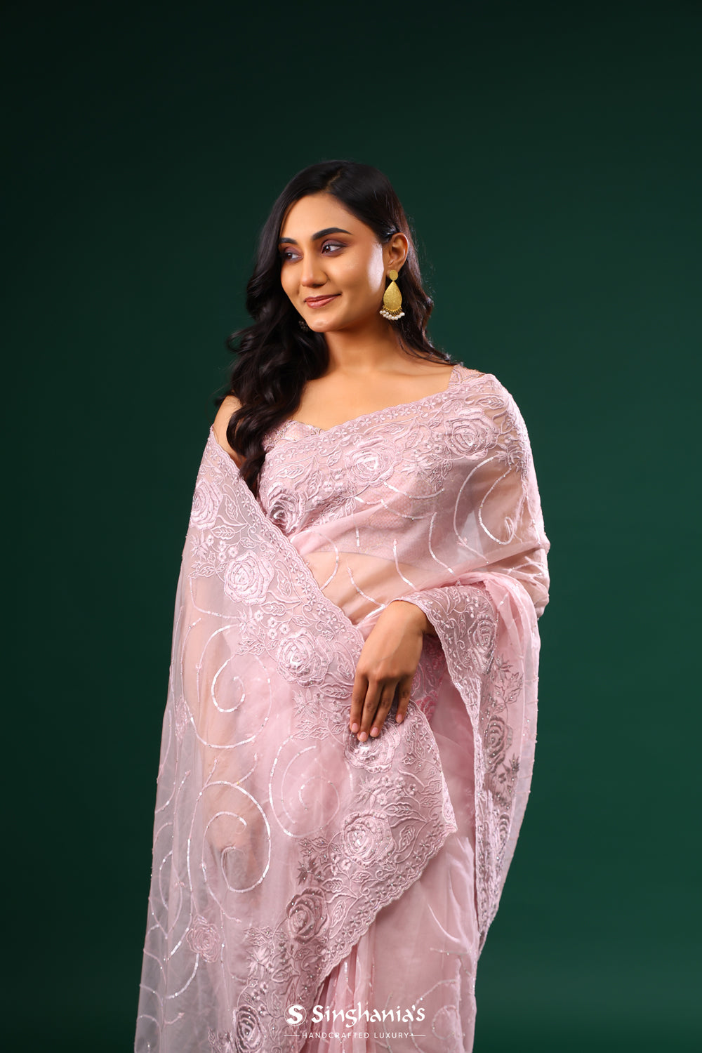 Pale Pink Organza Saree With Floral Embroidery