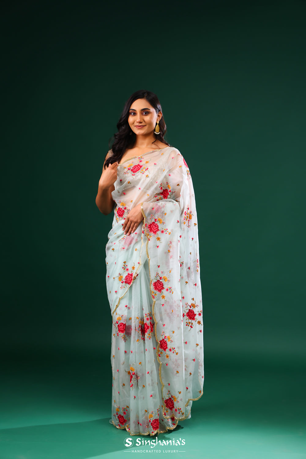 Marian Blue Organza Saree With Floral Embroidery