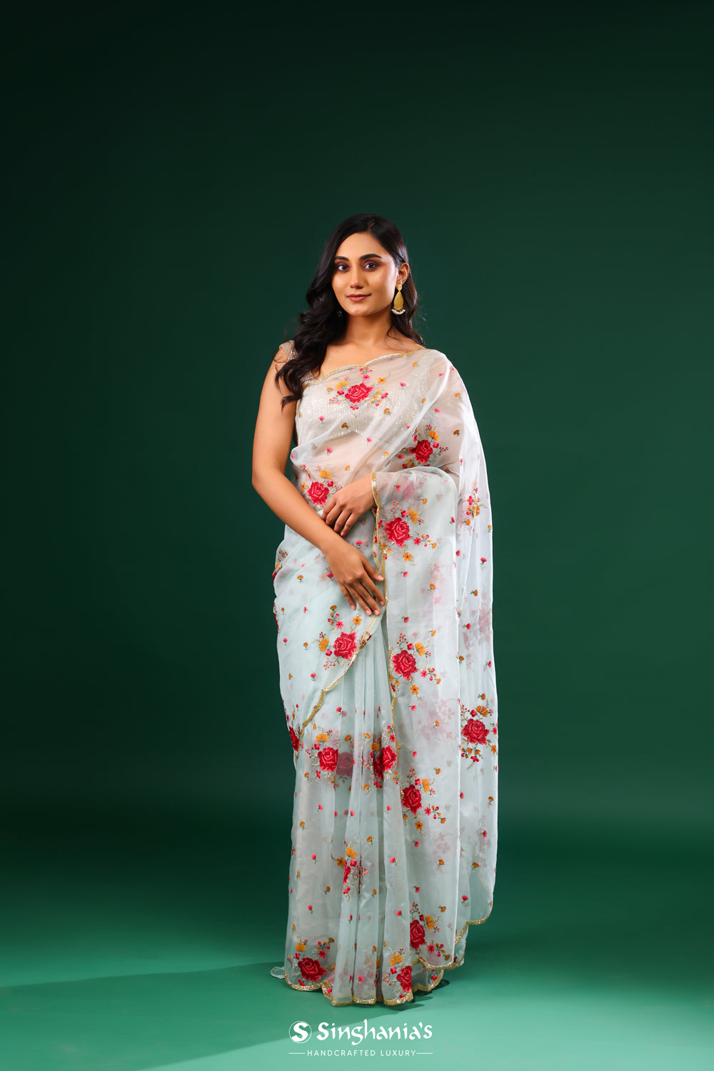 Marian Blue Organza Saree With Floral Embroidery