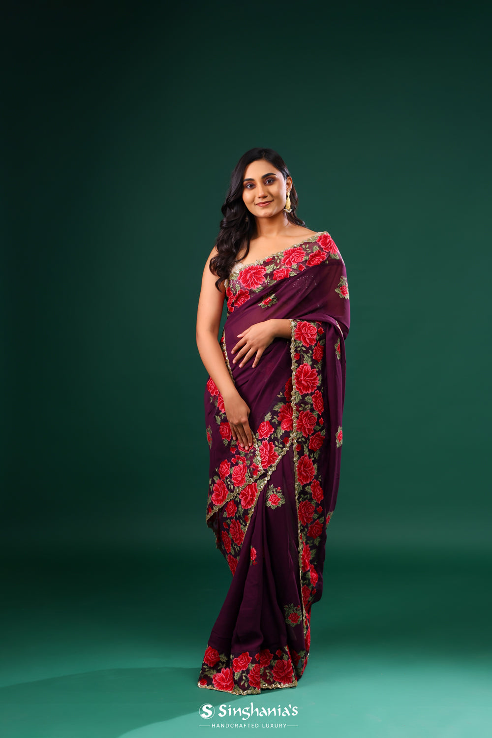 Byzantium Purple Georgette Saree With Floral Embroidery