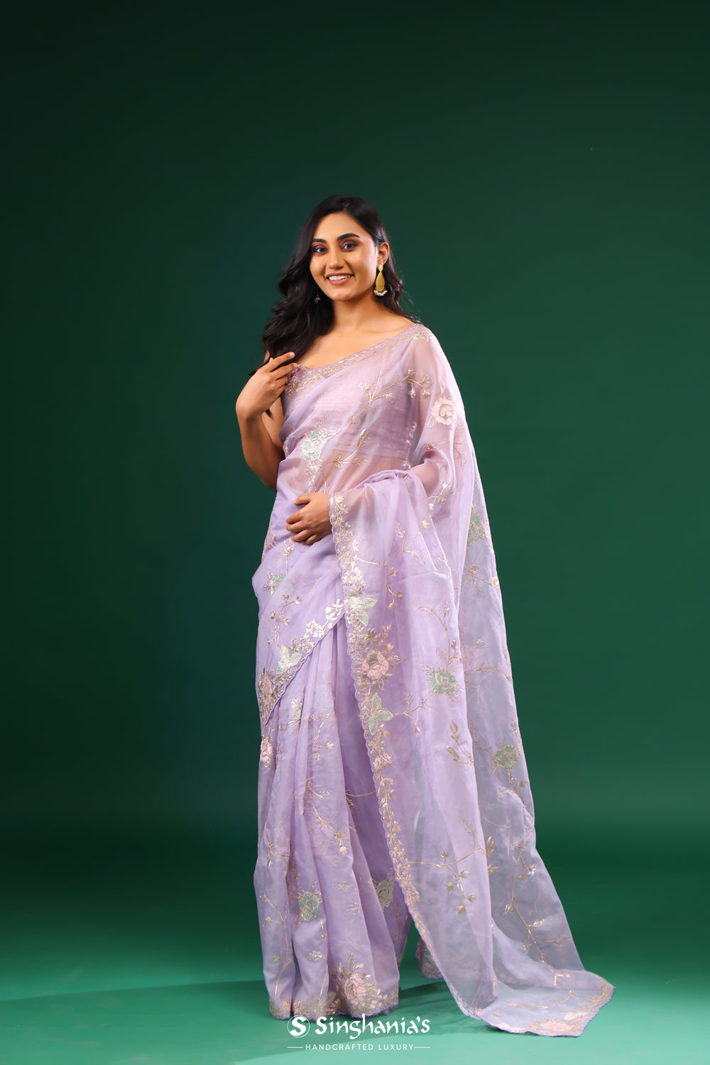 Thistle Purple Organza Designer Saree With Floral Embroidery