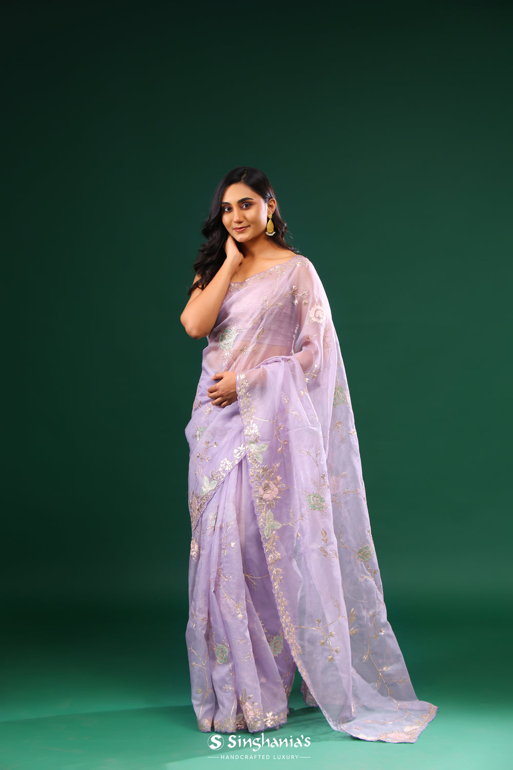 Thistle Purple Organza Designer Saree With Floral Embroidery