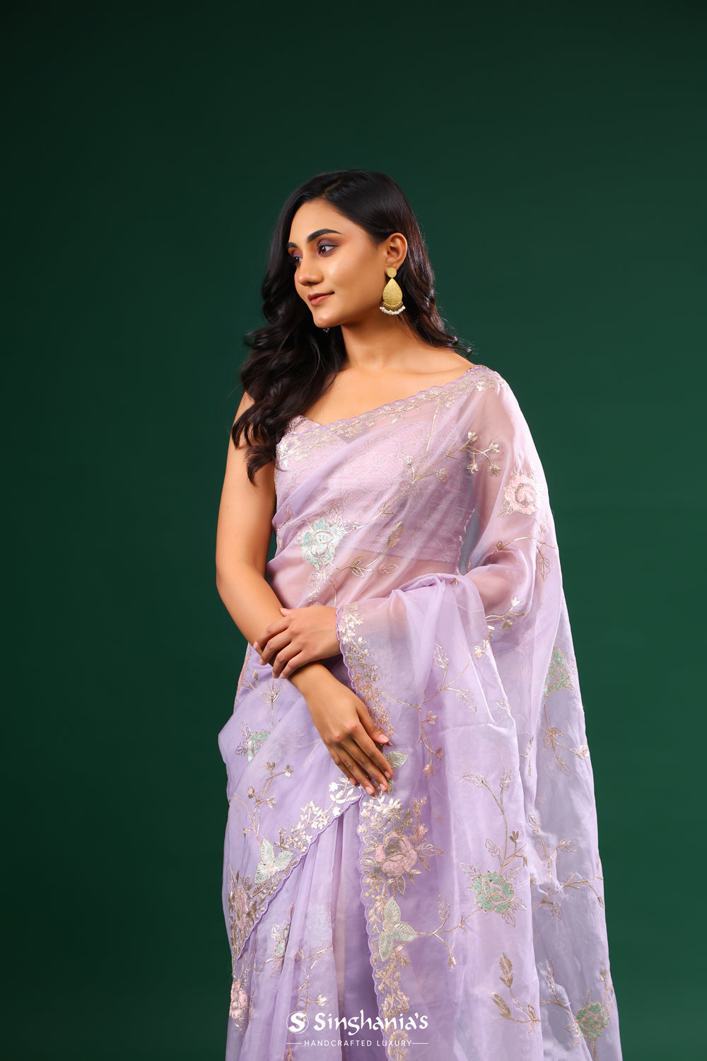 Thistle Purple Organza Designer Saree With Floral Embroidery