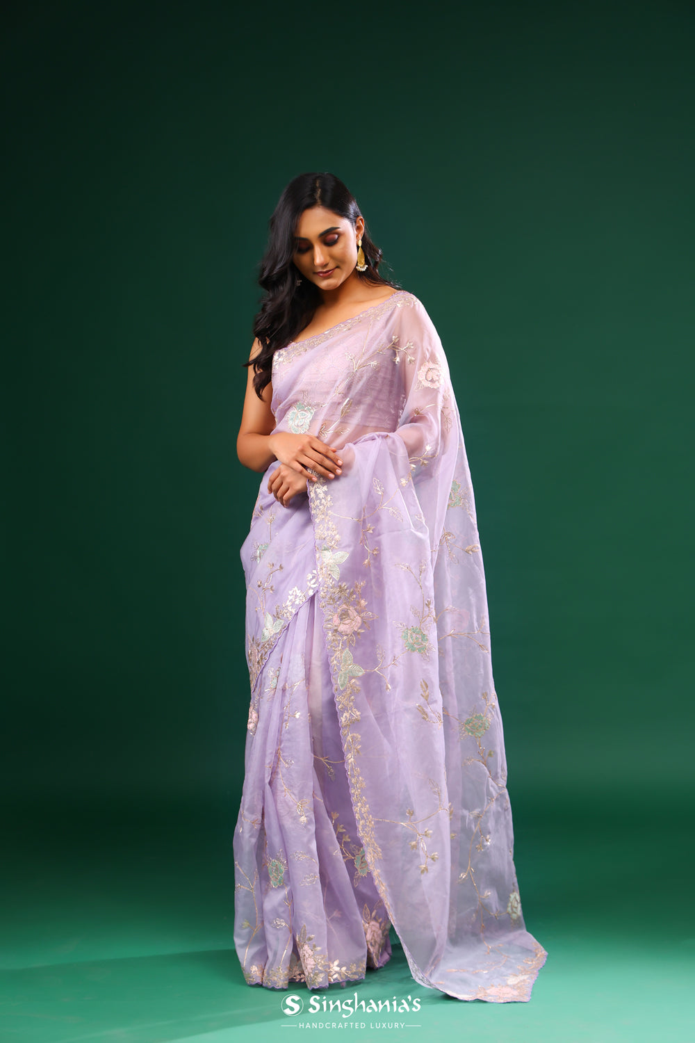 Thistle Purple Organza Designer Saree With Floral Embroidery