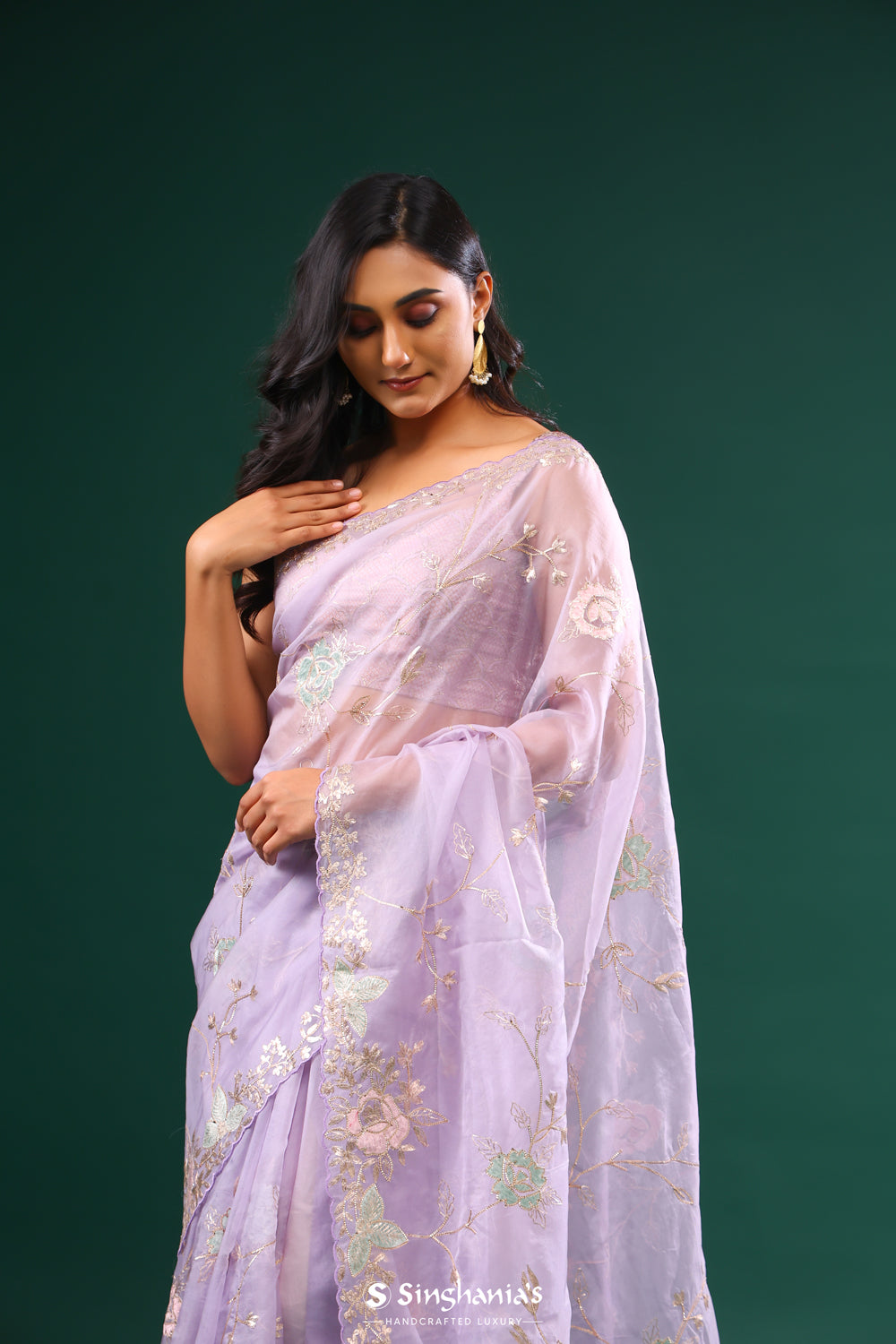 Thistle Purple Organza Designer Saree With Floral Embroidery