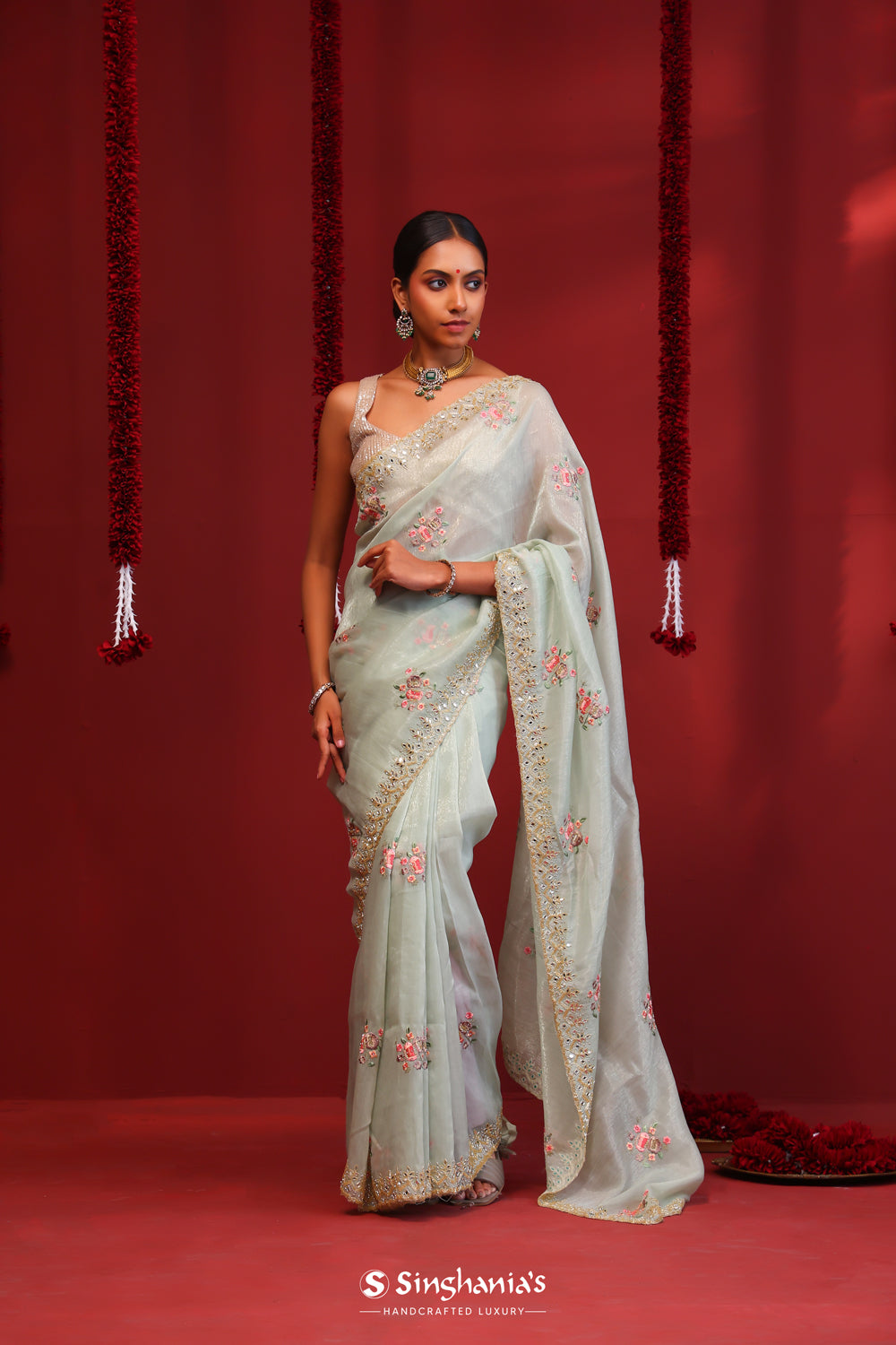 Tea Green Organza Handcrafted Saree